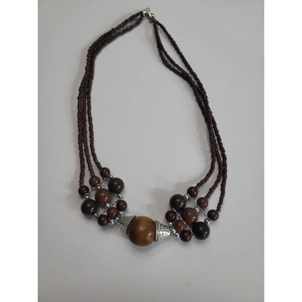 Brown Multi Strand Beaded Necklace Silver Tone Boho Statement Tribal Style